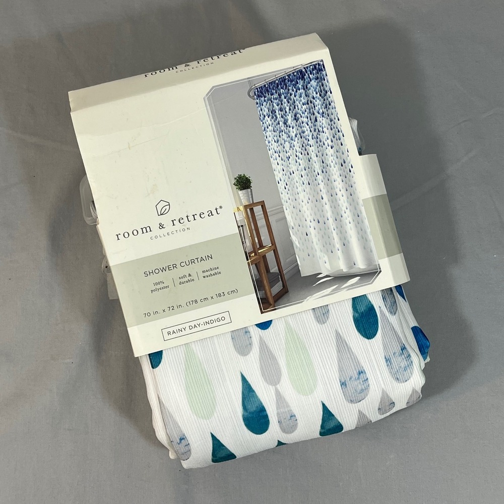 Room & Retreat Rainy Day Indigo Shower Curtain Blue Raindrop Fabric 70x72 NEW
